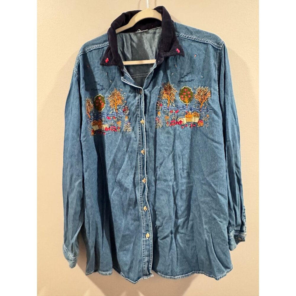 Vintage Denim Button-Up Shirt Embroidered Farmhouse Scene & Corduroy Collar XL